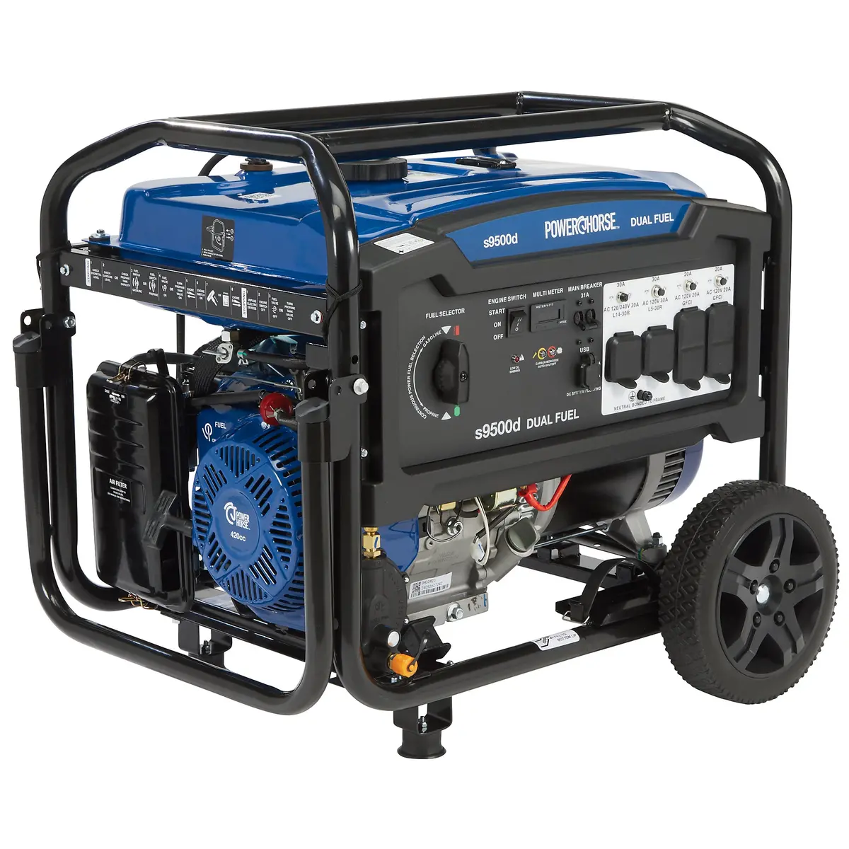 6075652 Portable Generator, 9500 Surge Watts, 7500 Rated Watts, 120/240V, Dual-Fuel, Electric Start, Co Shutdown Powerhorse 1