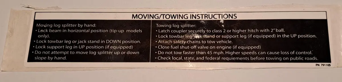791105 Ns Decal - Moving/Towing Instructions Northstar Nsfm6 1