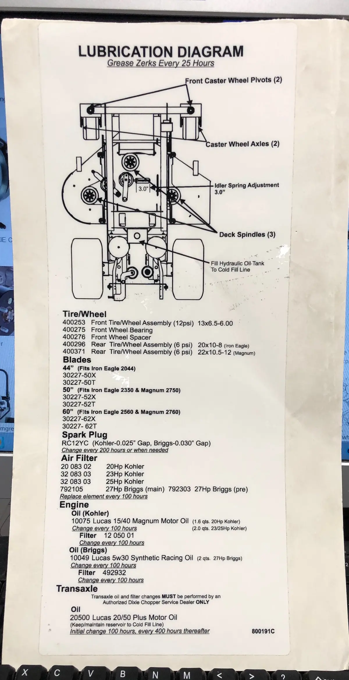 800191C Decal Lubrication Diagram Dixie Chopper Fcbd/Wh3 1