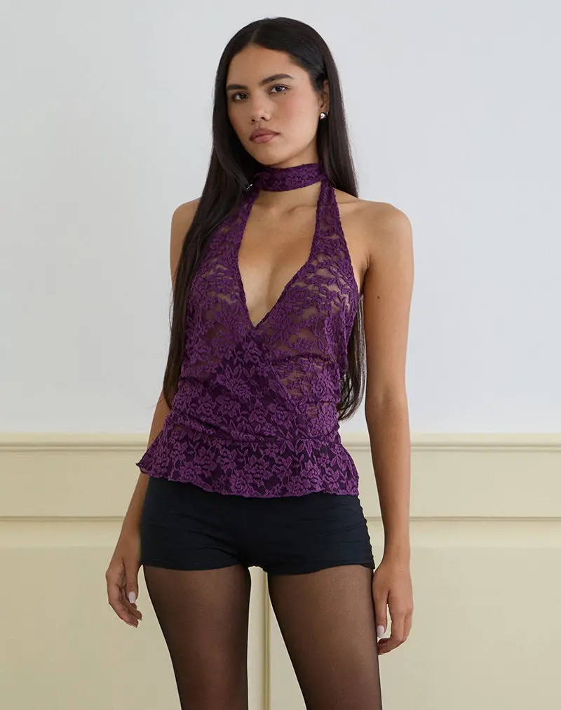 Alfaro Plunge Halter Top In Lace Purple 1