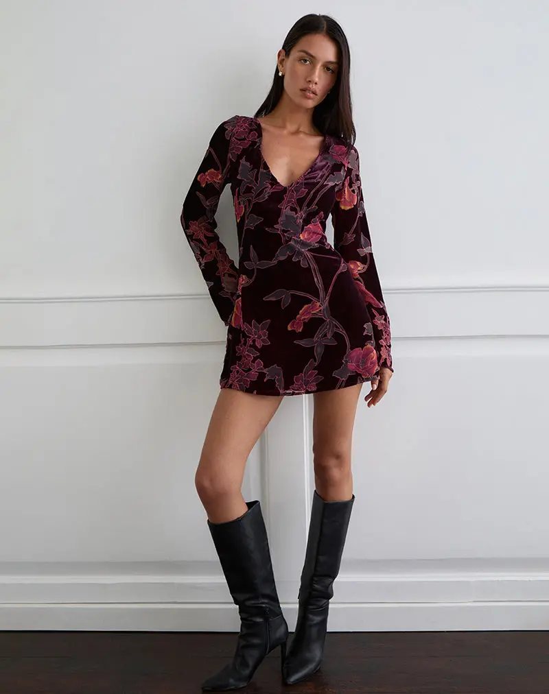 Alitra Mini Dress In Floral Devore Burgundy 1