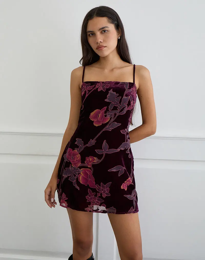 Alvana Mini Dress In Floral Devore Burgundy 1