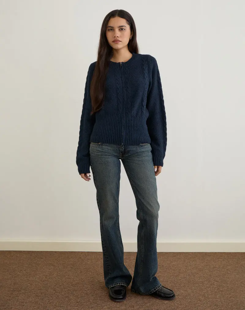 Anitra Cardigan In Cable Knit Navy 1