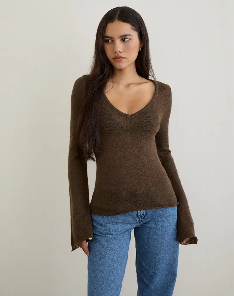 Ashla Top In Sheer Knit Dark Chocolate 1