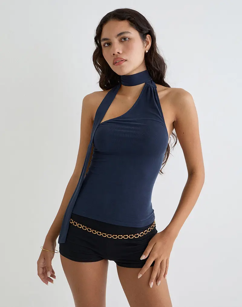 Aspyn High Neck Tie Top In Cupro Navy 1