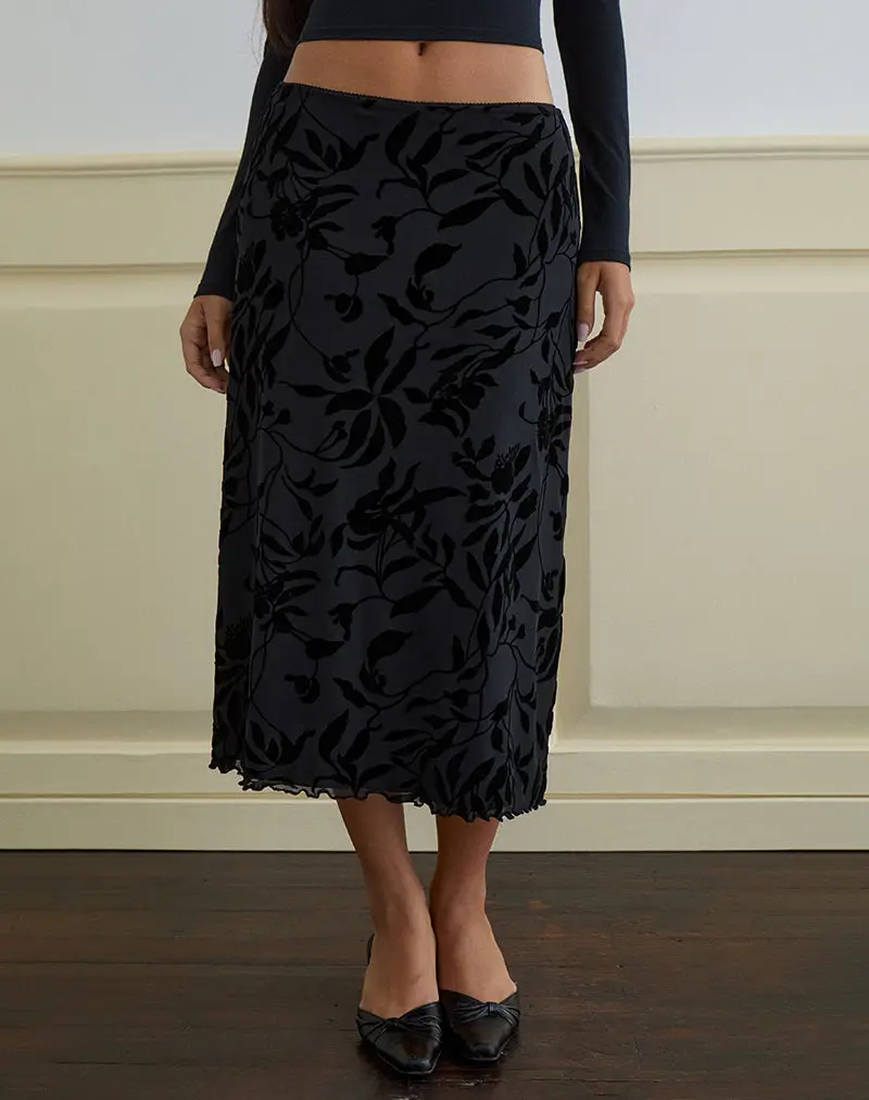 Atira Midi Skirt In Flock Leaf Flower Black 1
