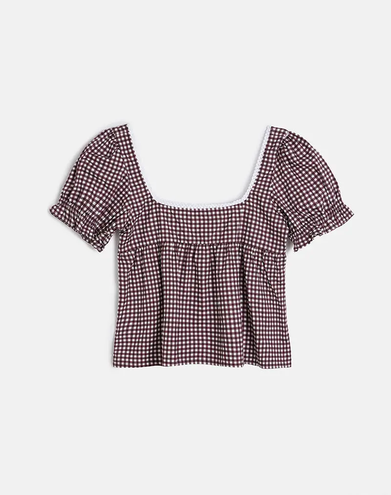 Axoni Square Neck Blouse In Mini Gingham Wine 2