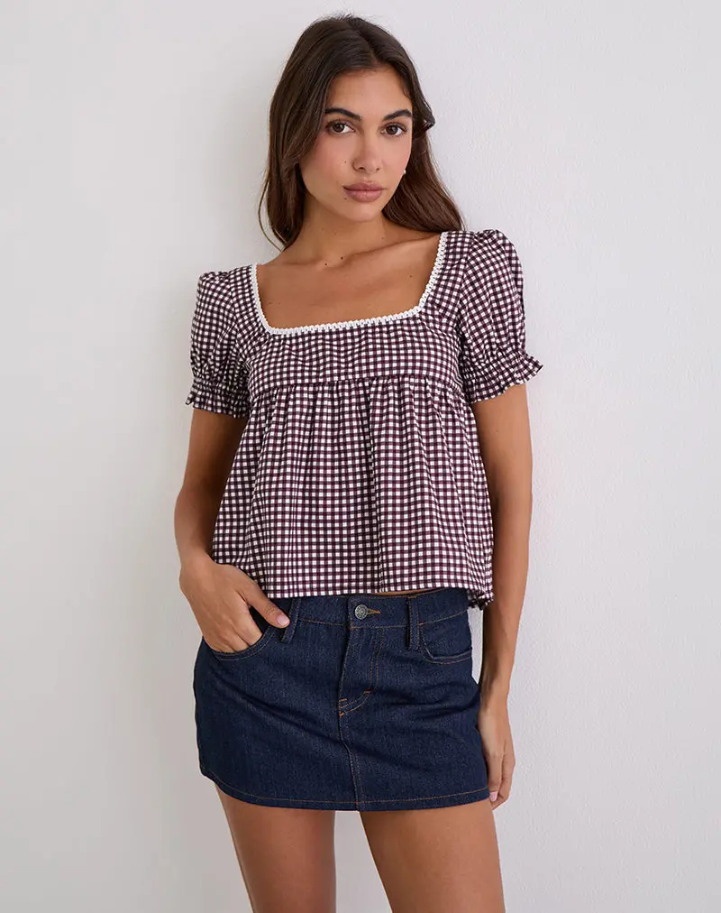 Axoni Square Neck Blouse In Mini Gingham Wine 1