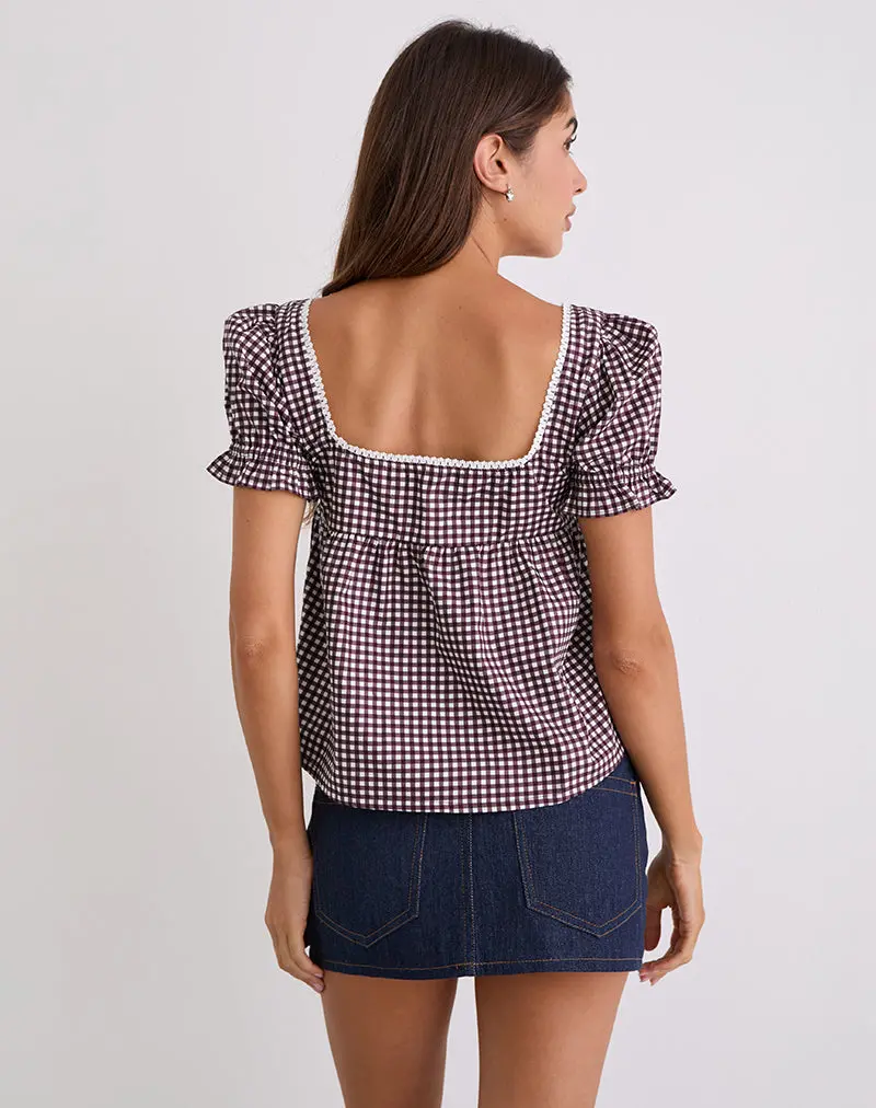 Axoni Square Neck Blouse In Mini Gingham Wine 6