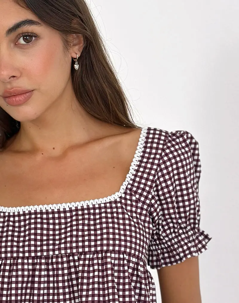 Axoni Square Neck Blouse In Mini Gingham Wine 3