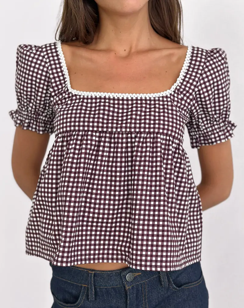 Axoni Square Neck Blouse In Mini Gingham Wine 5