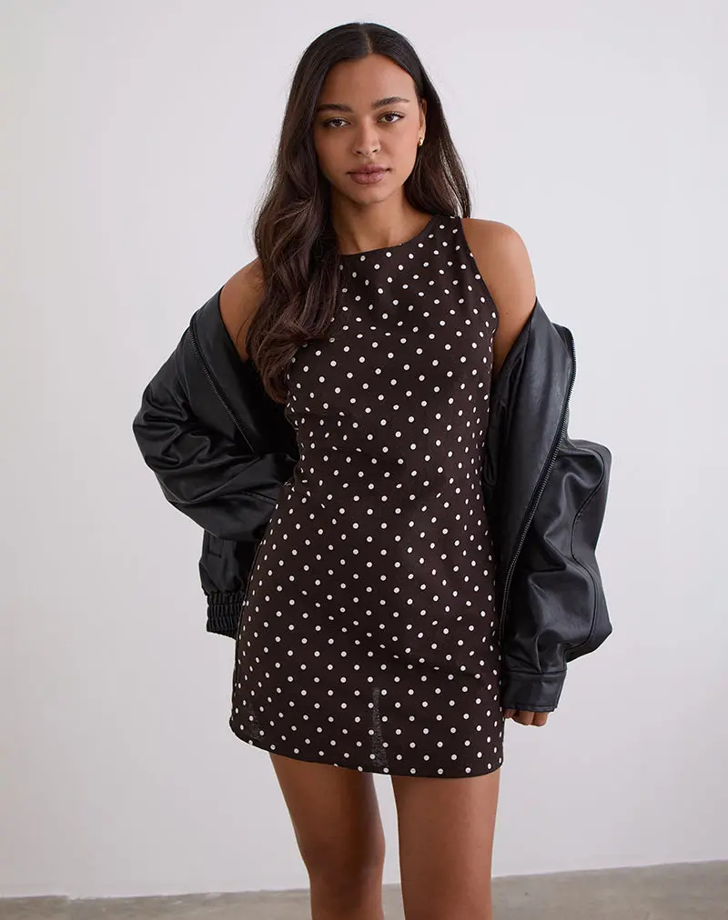 Ayana Open Back Mini Dress In Medium Polka Brown 1