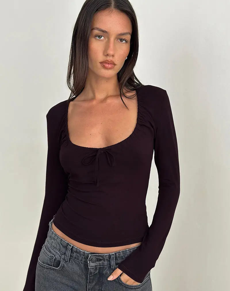 Aye Plunge Long Sleeve Top With Ruched Neck In Redwood 1