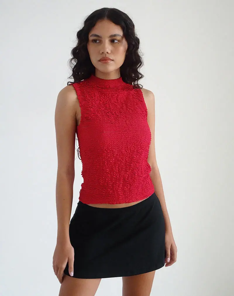 Arien Textured Mock Neck Top In Burgundy 1