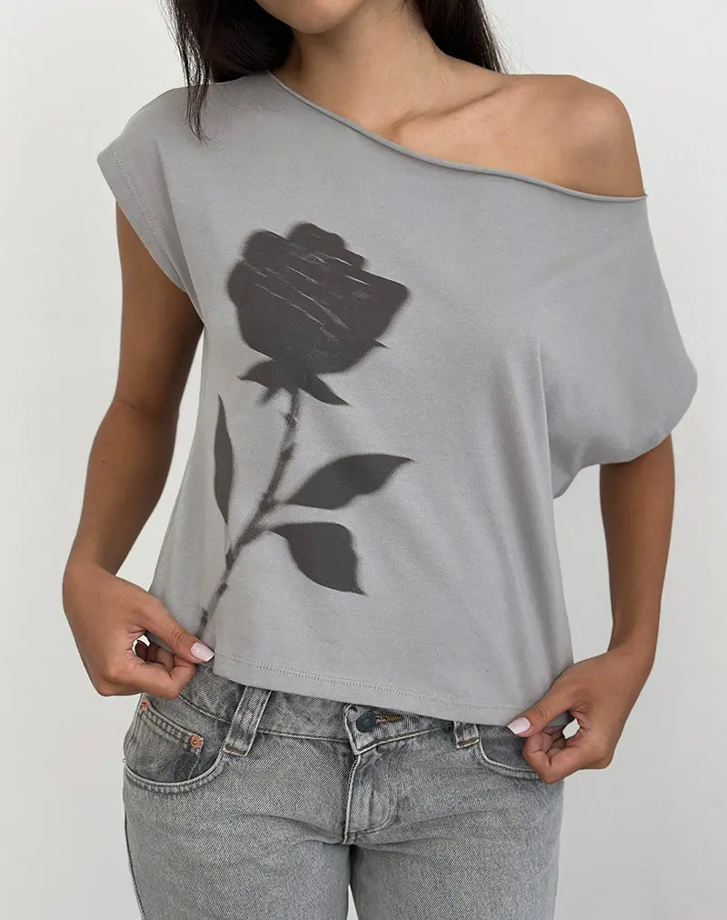 Balia Asymmetric Short Sleeve Basic Top In Grey With Blurred Rose Print 1