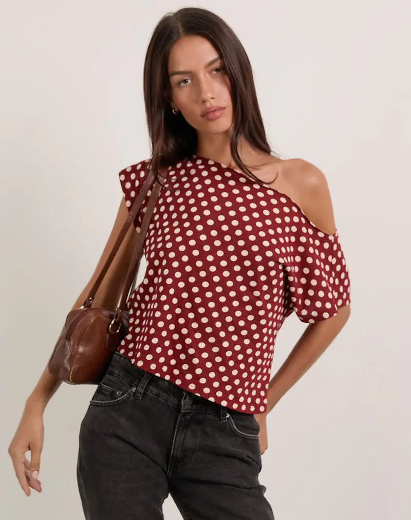 Balia Asymmetric Short Sleeve Top In Polka Wine 1