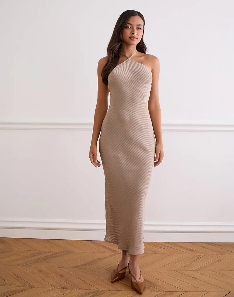 Belara Maxi Dress In Satin Stripe Taupe 1