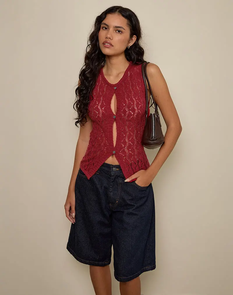 Birama Button Tank Top In Knit Red 1