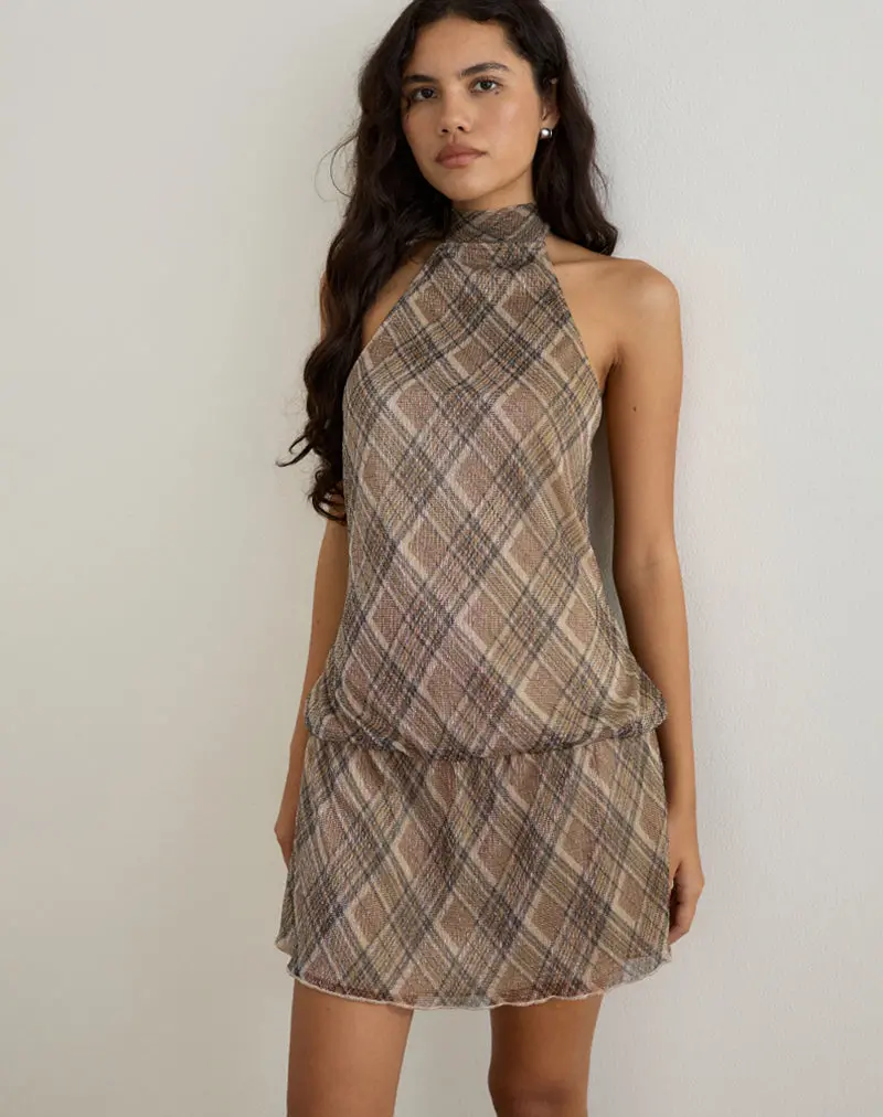 Briani Halterneck Dress In Check Plisse Brown 1