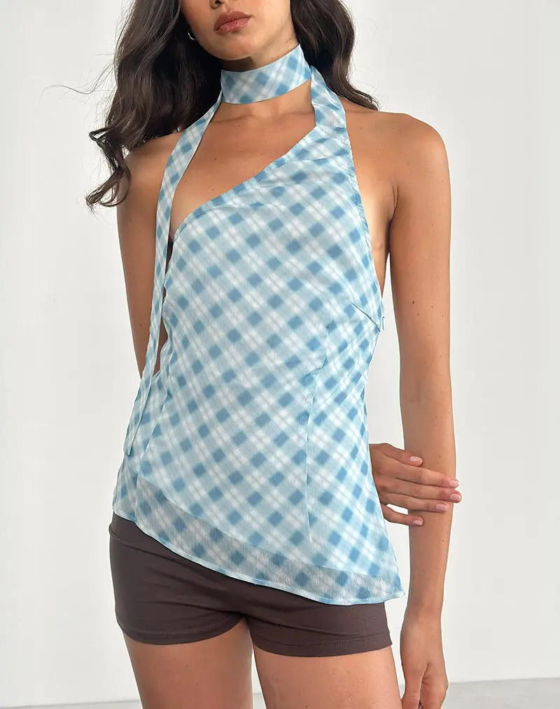 Briva Neck Tie Top In Blurred Check Blue 1