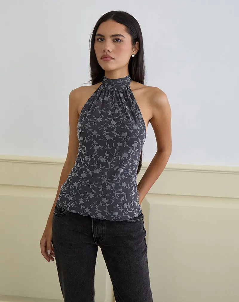 Burkie Halterneck Top In Pretty Petal Flock Dark Grey 1
