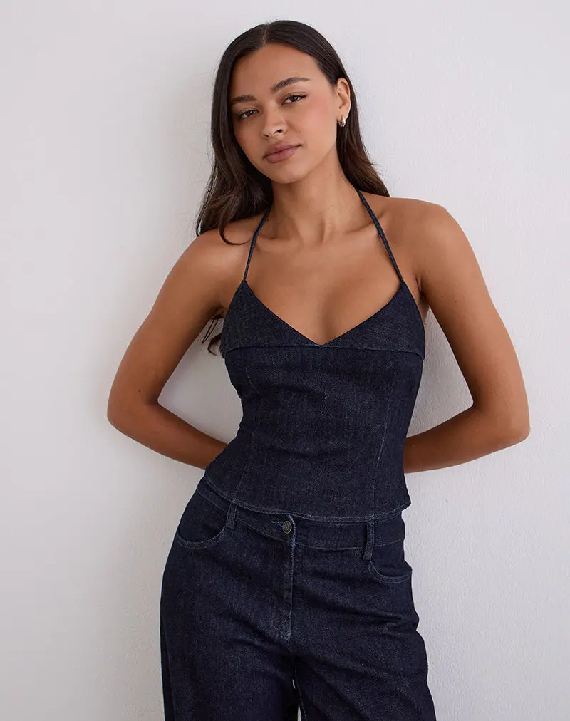 Caira Chambray Halter Top In Indigo 1