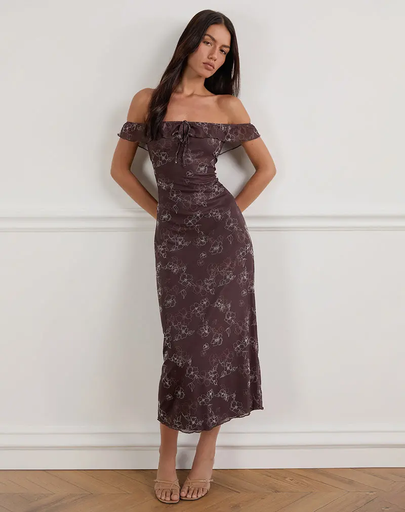 Catrin Midi Dress In Doodle Flower Flock Brown 1