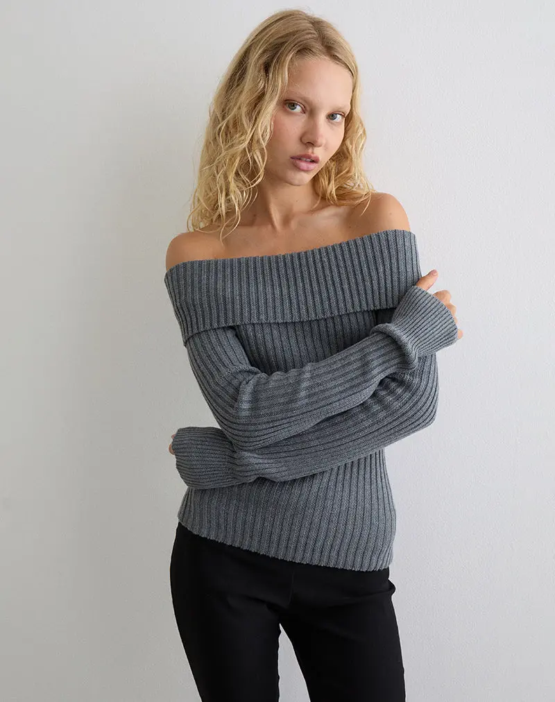 Circe Knitted Bardot Top In Grey 1