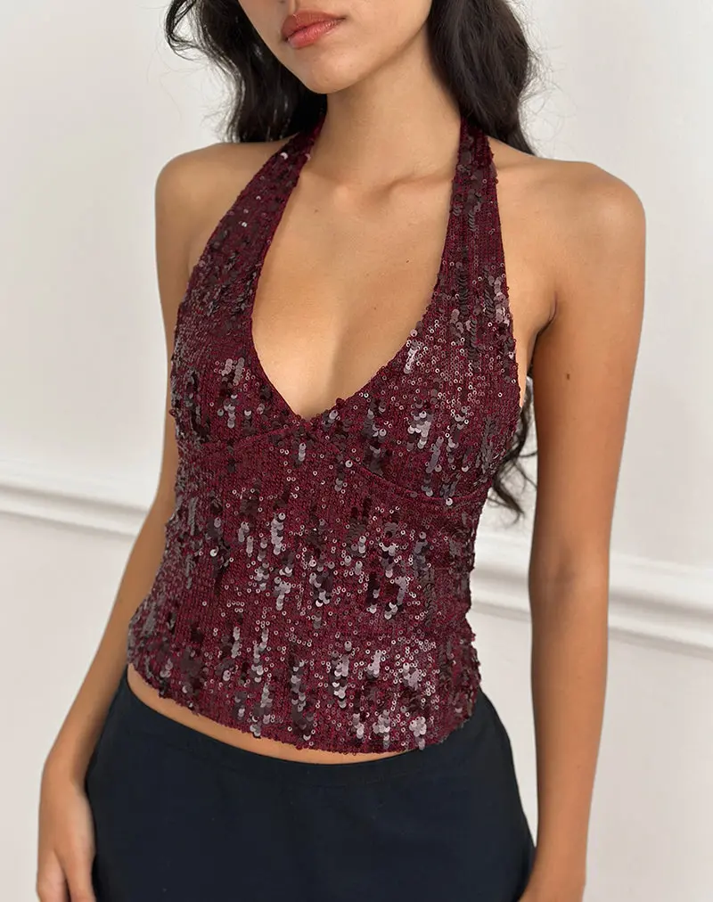 Cosio Halter Top In Mix Sequin Red 1