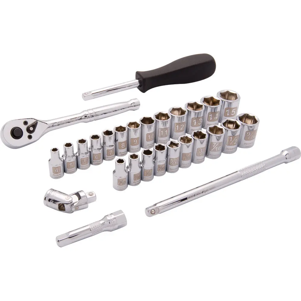 1/4" Drive 28 Piece 6 Point, Sae/Metric Standard Socket Set, 3/16" - 9/16" , 4Mm - 15Mm 1
