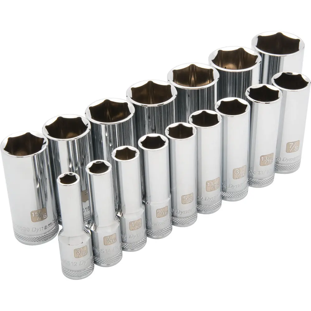 1/2" Drive 16 Piece 6 Point Deep, Sae Socket Set, 3/8" - 1-5/16" 1
