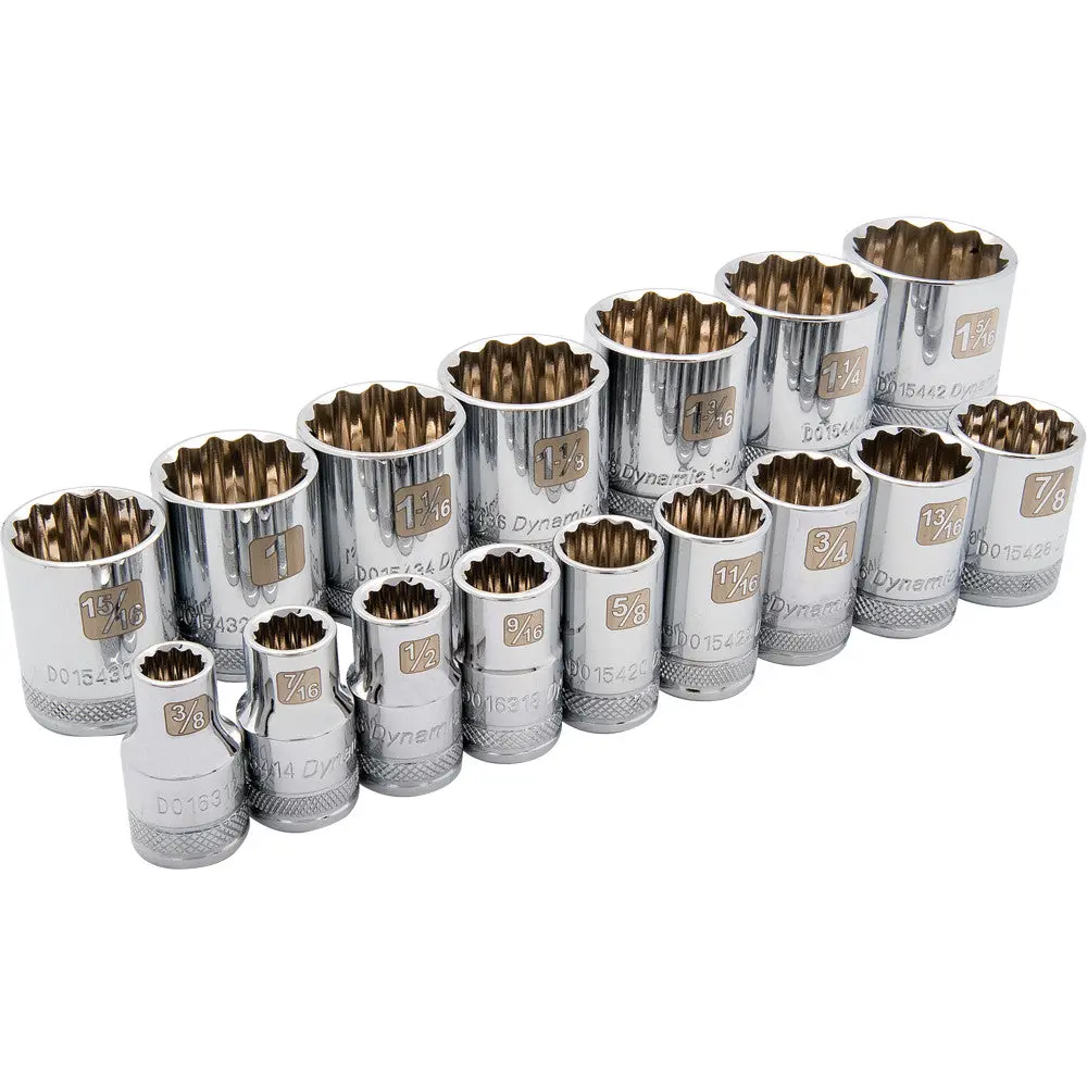 1/2" Drive 16 Piece 12 Point Standard, Sae Socket Set, 3/8" - 1-5/16" 1