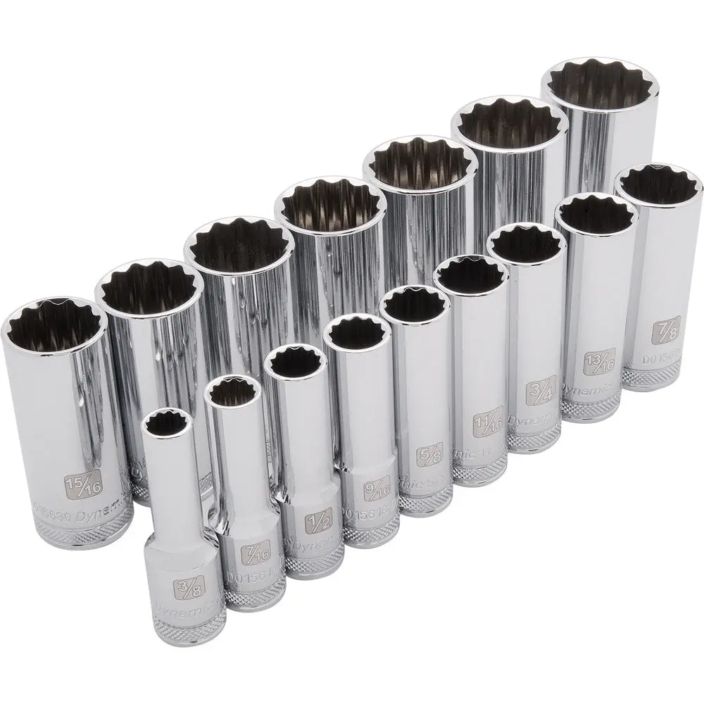 1/2" Drive 16 Piece 12 Point Deep, Sae Socket Set, 3/8" - 1-5/16" 1