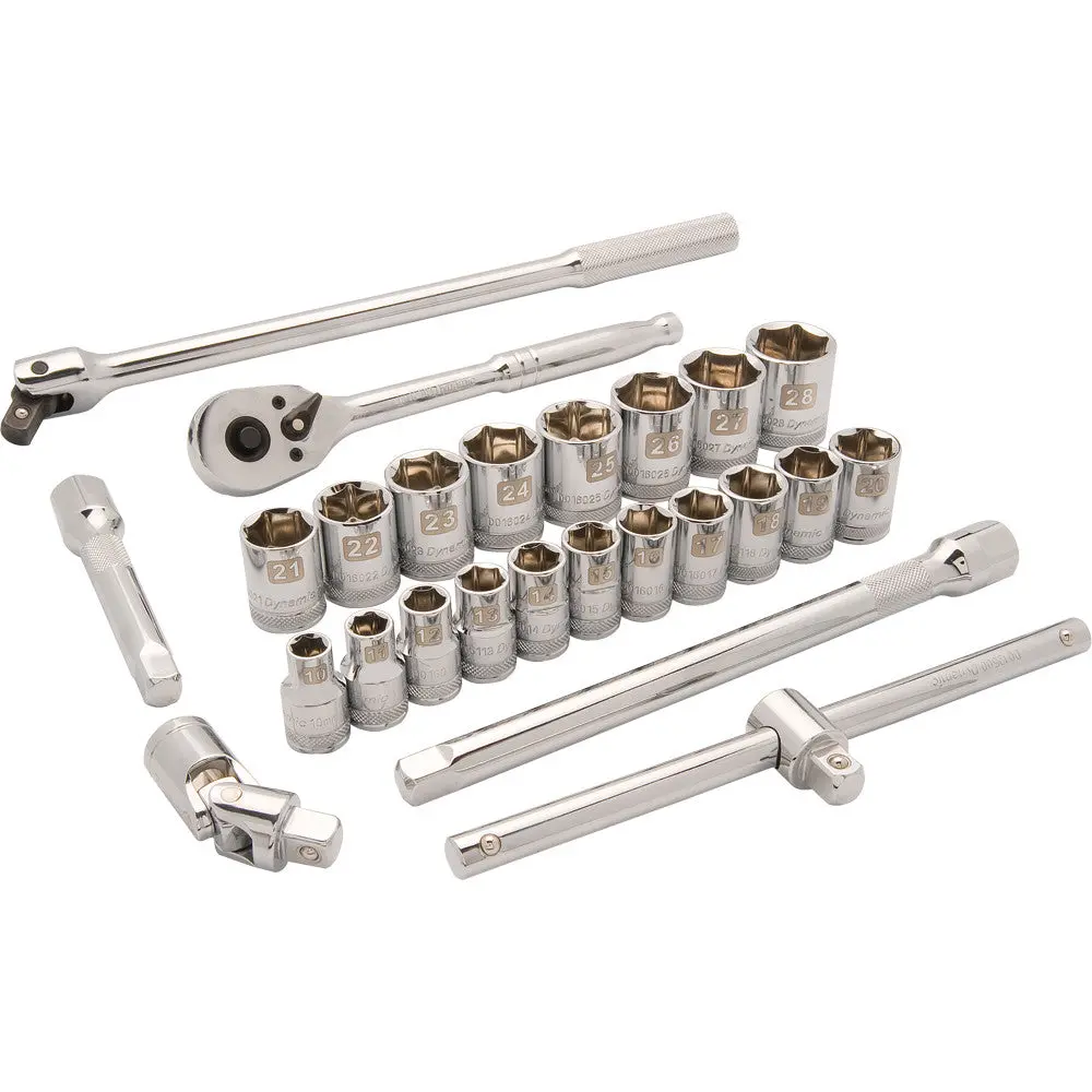 1/2" Drive 25 Piece 6 Point Standard, Metric Socket Set, 10Mm - 28Mm 1