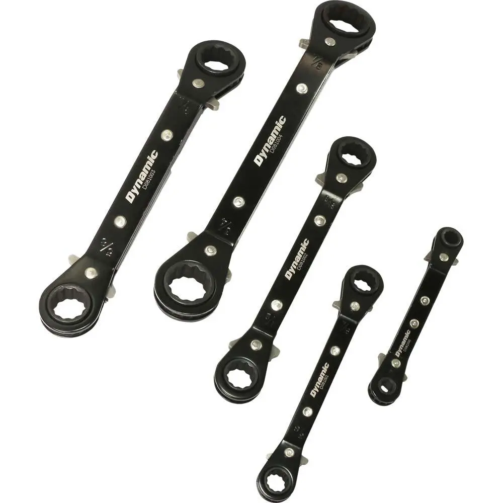 5 Piece Sae Double Box End, Reversible Ratcheting Wrench Set, 25° Offset 1