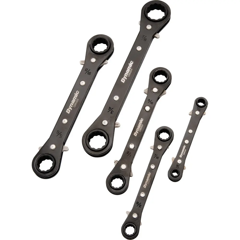 5 Piece Sae Double Box End, Reversible Ratcheting Wrench Set, Straight 1