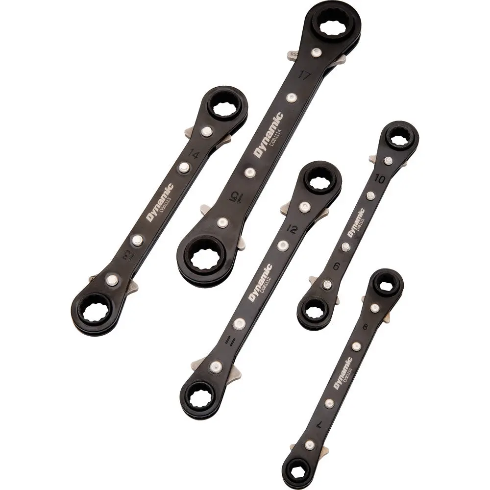 5 Piece Metric Double Box End, Reversible Ratcheting Wrench Set, Straight 1