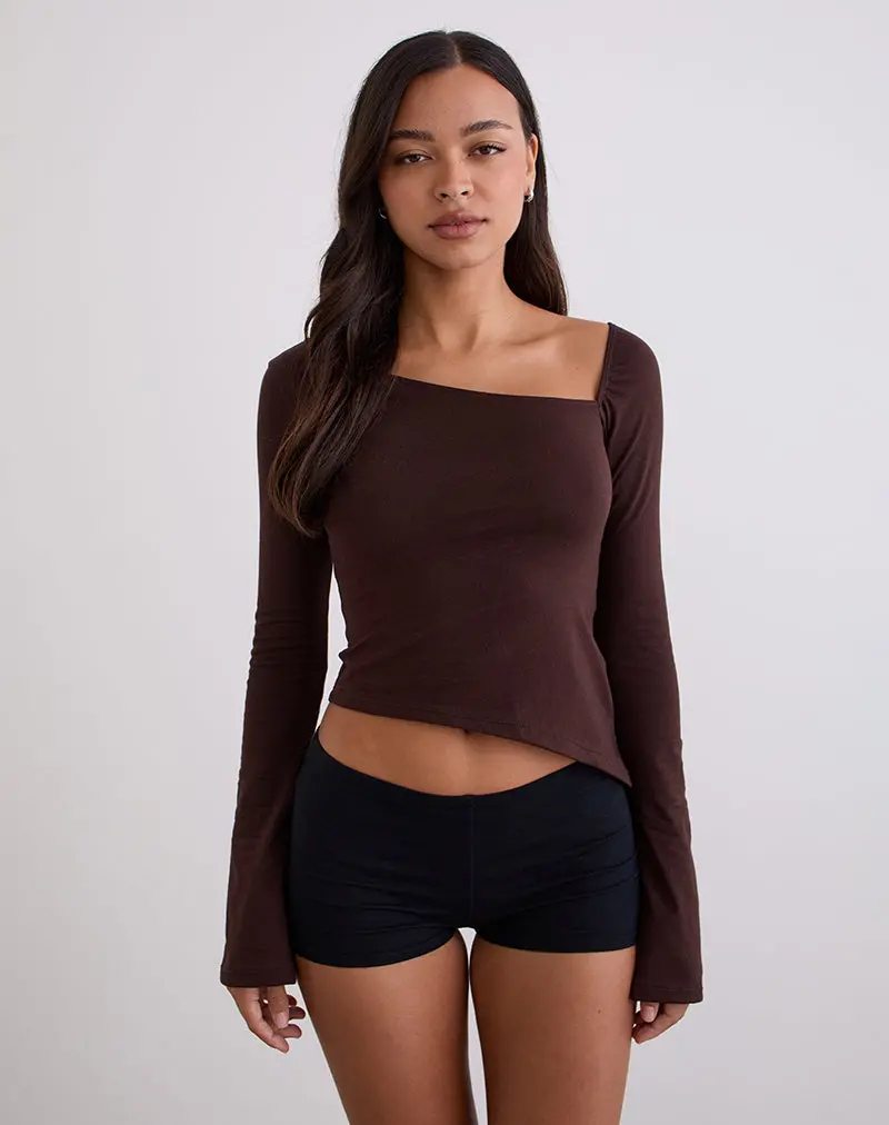 Dalene Asymmetric Long Sleeve Top In Bitter Chocolate 1