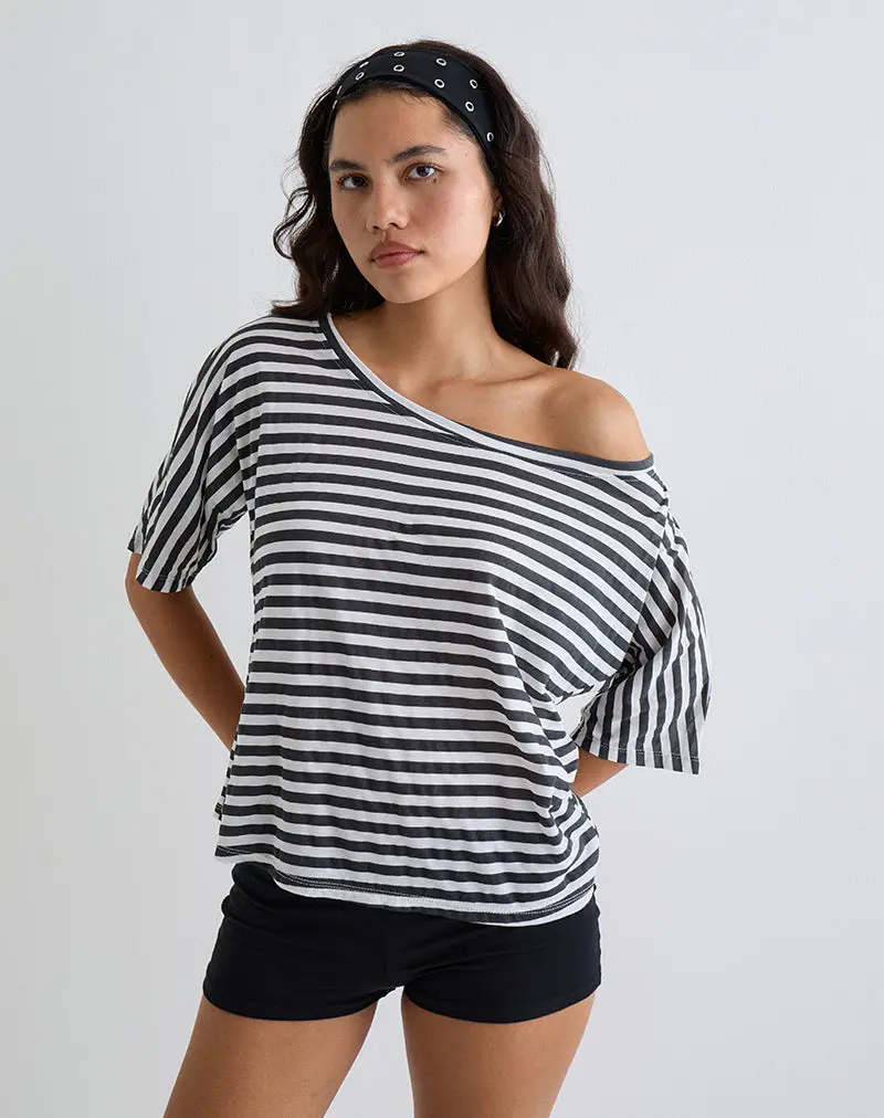 Daman Off Shoulder Basic Top In Ivory With Charcoal Stripe 1