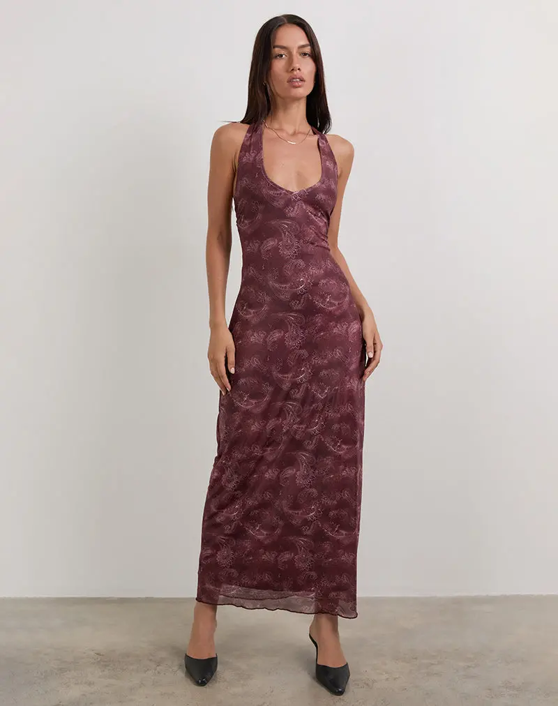 Datari Maxi Dress In Mesh Tonal Paisley Plum 1