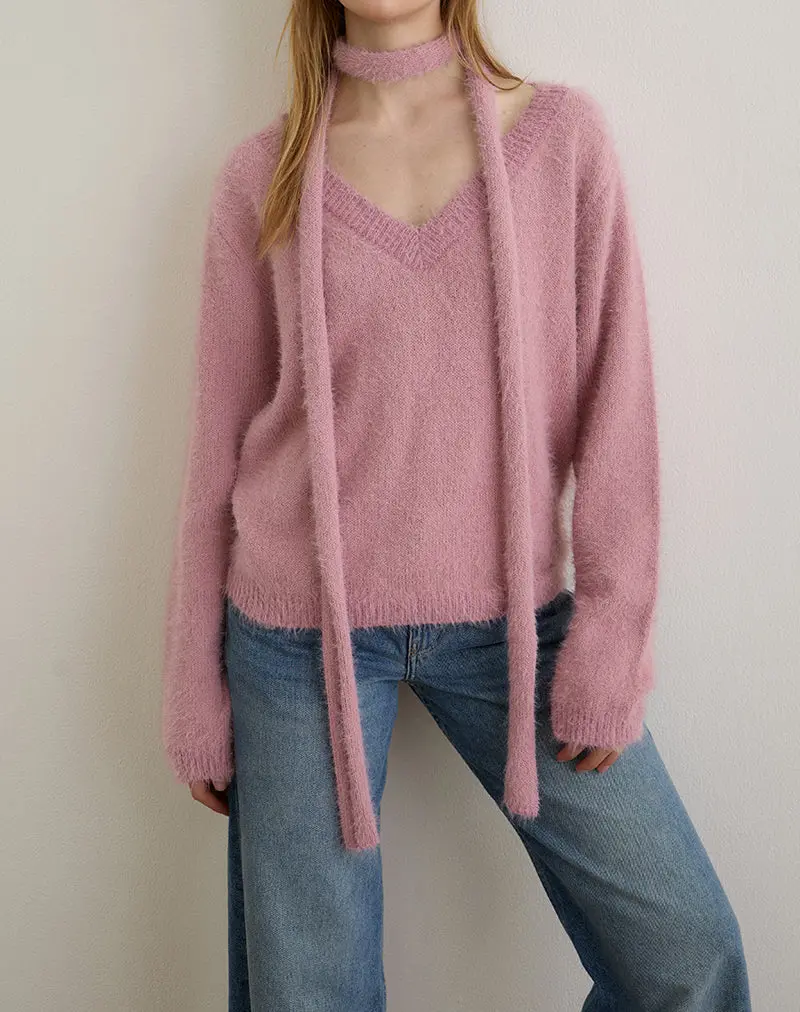 Dikara Jumper With Scarf In Knit Dusty Pink 1