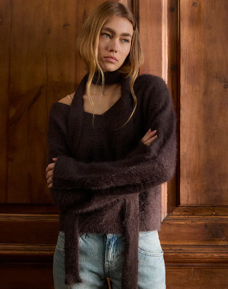 Dikara Jumper With Scarf In Knit Brown 1