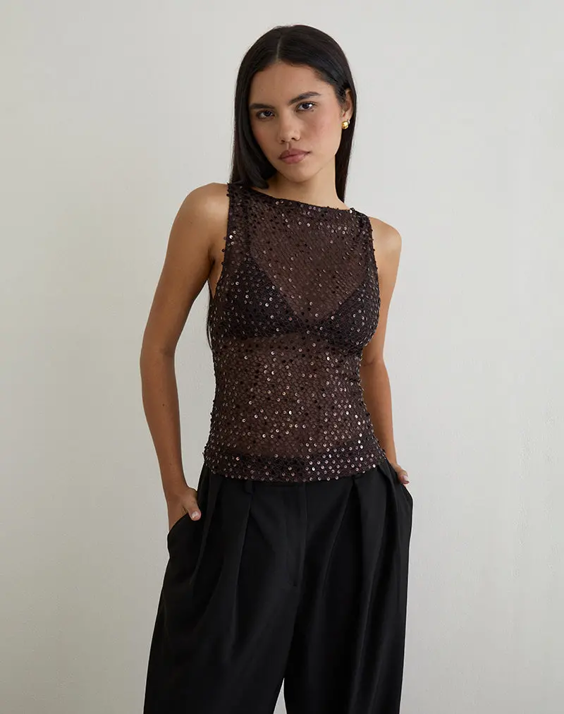 Dudley Vest Top In Sequin Knit Coffee 1