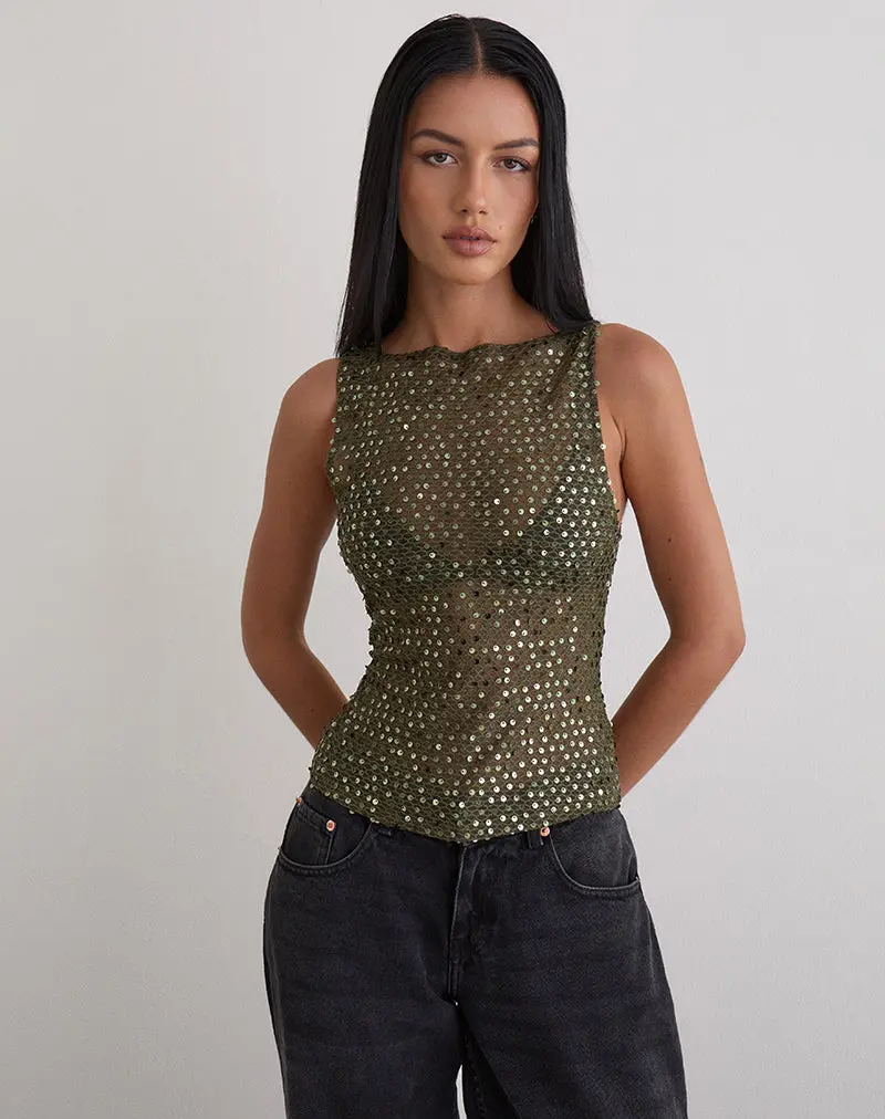 Dudley Vest Top In Sequin Knit Olive 1