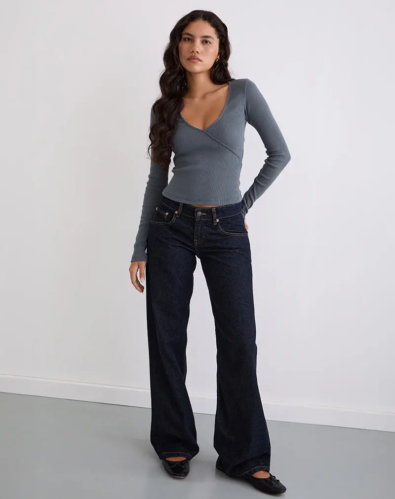 Dulcet Ribbed Plunge Long Sleeve Top In Blue Granite 1