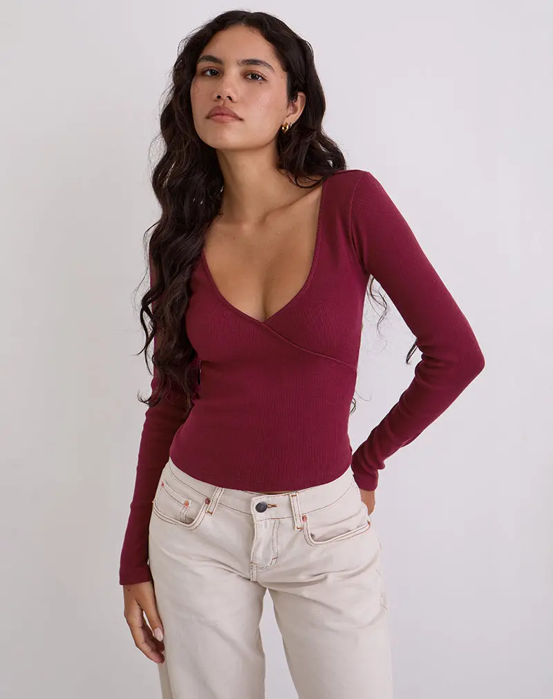 Dulcet Ribbed Plunge Long Sleeve Top In Burgundy 1