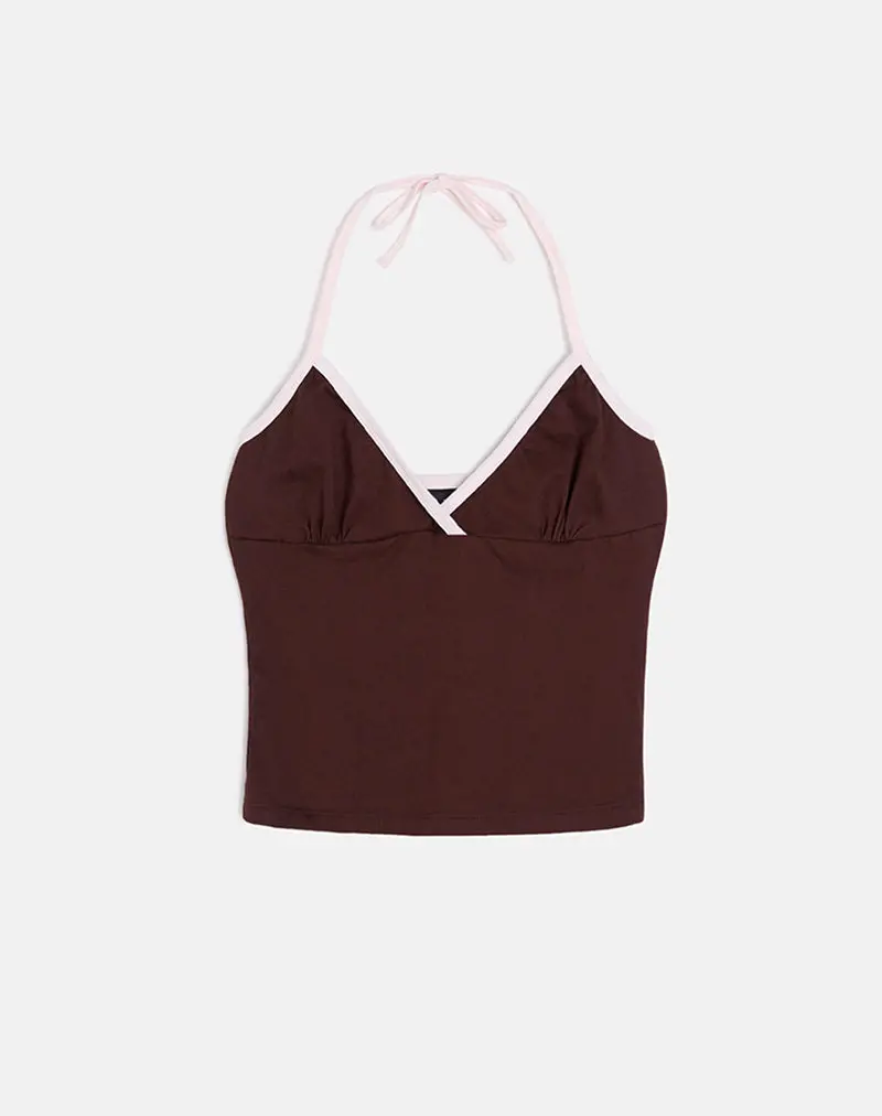 Elspe Halter Top In Bitter Chocolate With Light Pink Binding 1