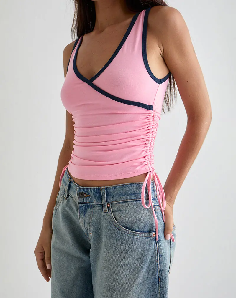 Laird Wrap Top In Ballet Pink With Navy Binding 1