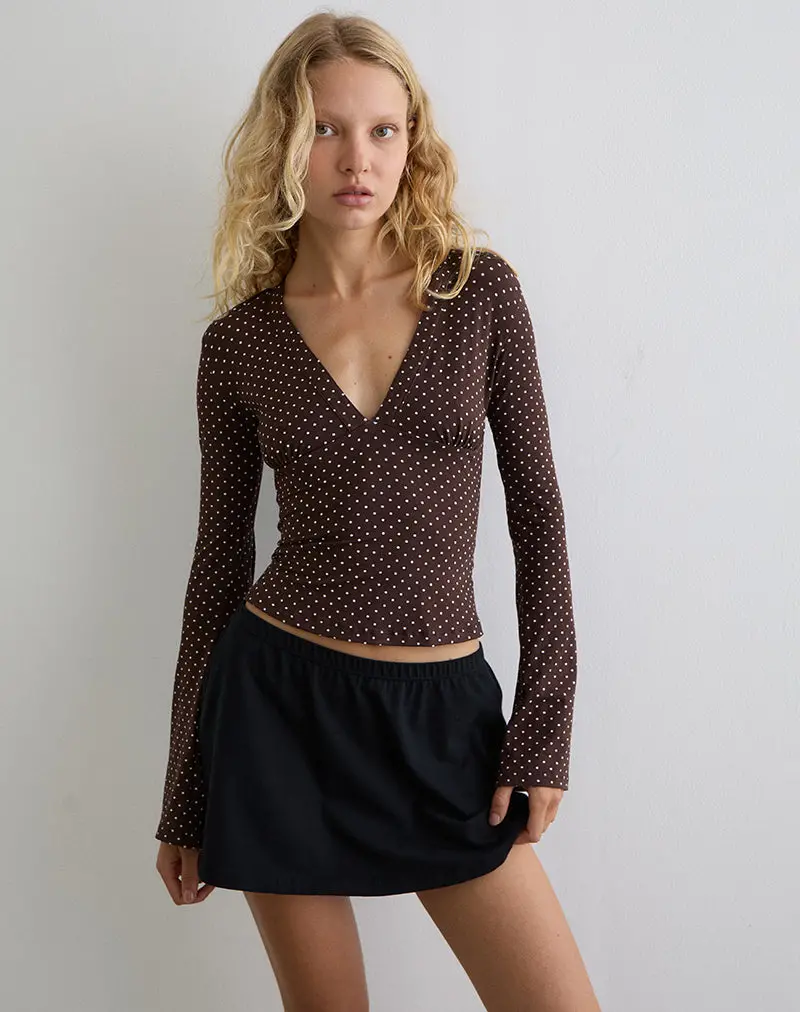 Emesy Long Sleeve Top In Micro Polka Brown 1