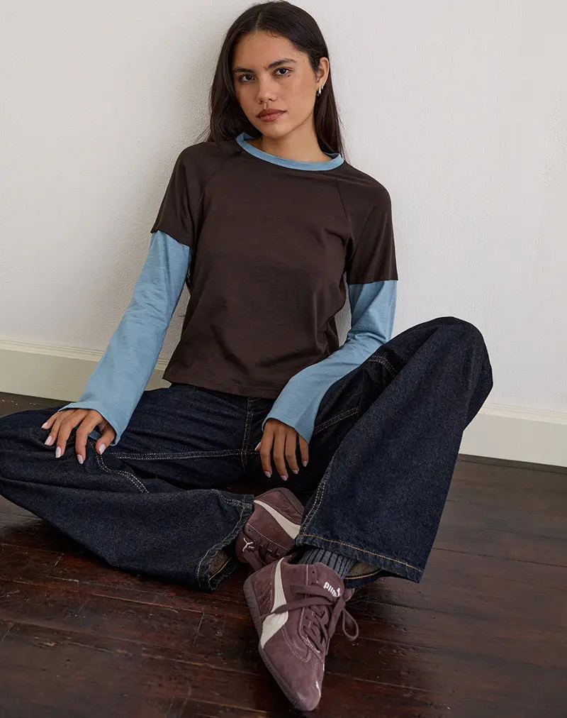 Enid Layered T-Shirt In Chocolate Brown And Light Blue 1